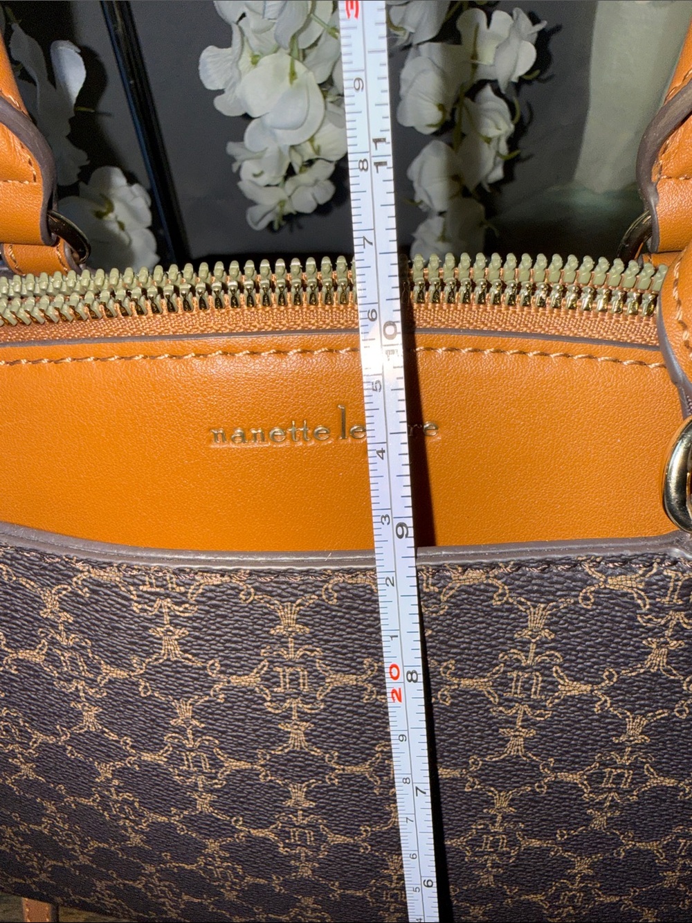 Brown Patterned Satchel with Tan Trim - Designer-Inspired Carryall - Picture 13 of 13